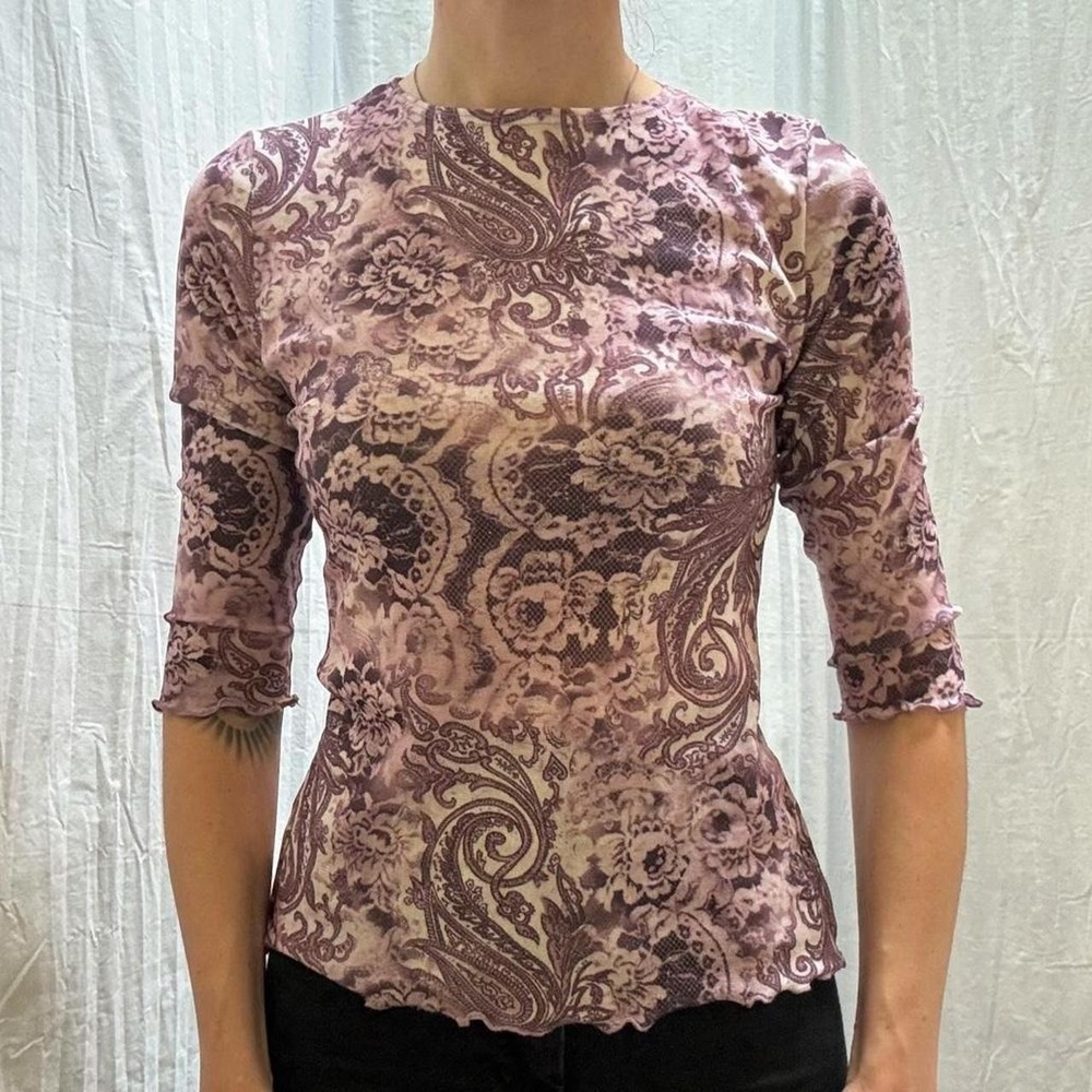 Purple Pink Paisley Stretchy Top B. Moss VTG Y2K 90s Scalloped hems Boho Hippie